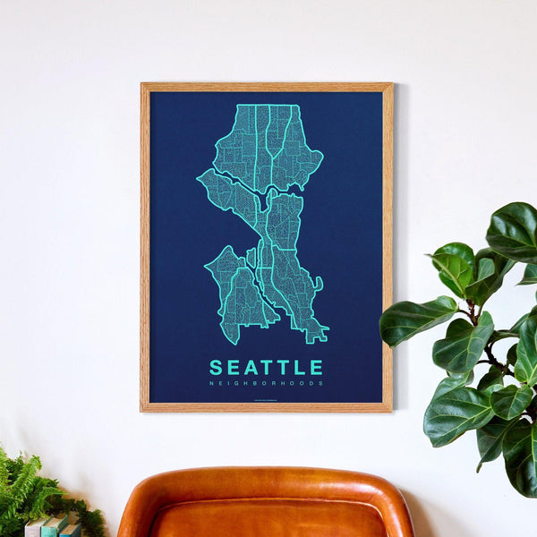 Seattle Neighborhood Map Poster, Seattle City Map Art Print