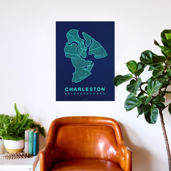Charleston Neighborhood Map Poster, Charleston City Map Art Print