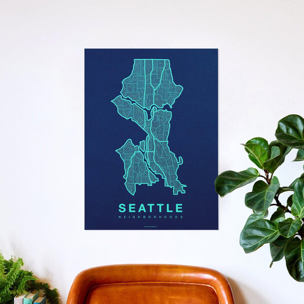 Seattle Neighborhood Map Poster, Seattle City Map Art Print