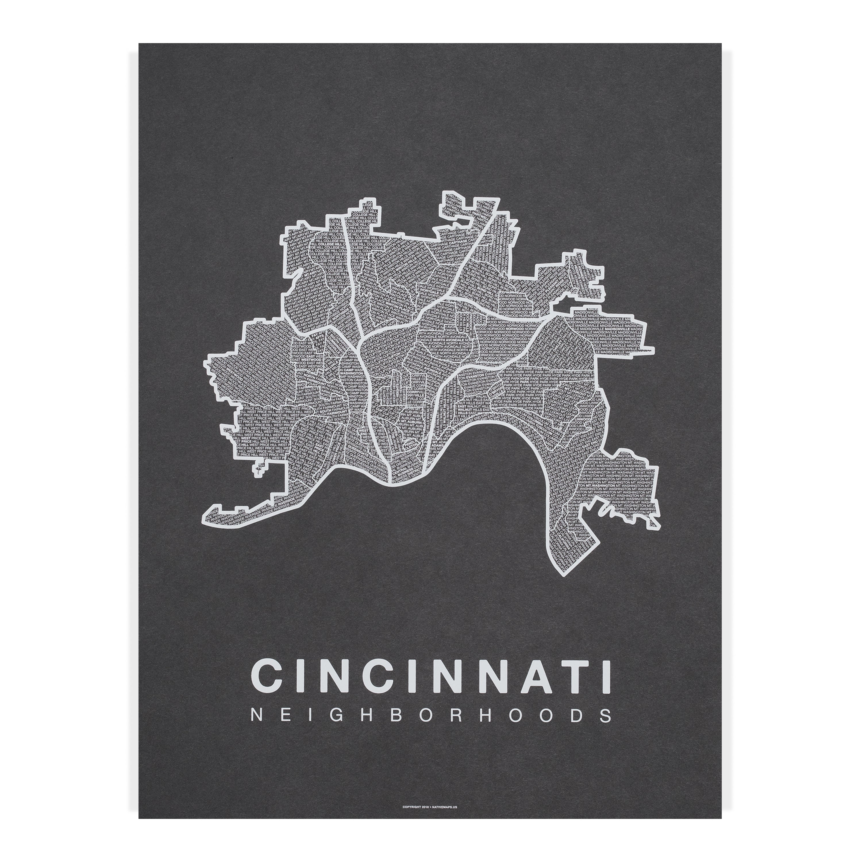 Cincinnati neighborhood art print FRAMED, Cincinnati map art, available in several colors and sizes, selling Cincinnati decor, Cincinnati wall art