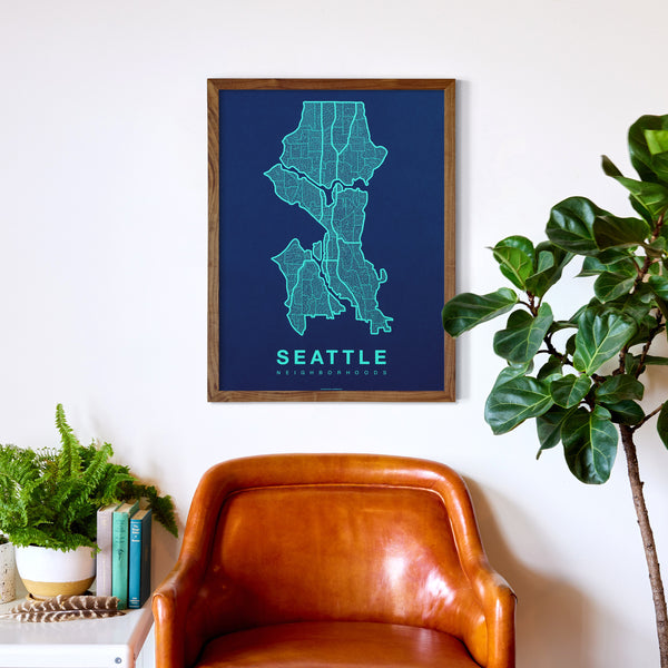 Seattle Neighborhood Map Poster, Seattle City Map Art Print