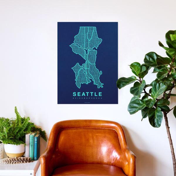 Seattle Neighborhood Map Poster, Seattle City Map Art Print